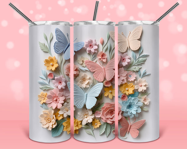 3D pastel flowers and butterflies paper art  Ready to Press Tumbler Transfer 20oz Straight and Tapered