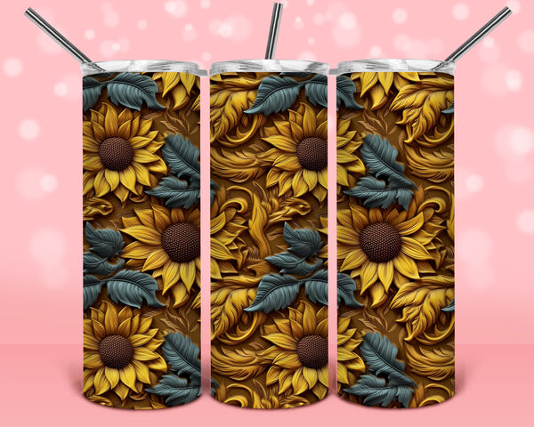 3D wood carved look sunflowers  Ready to Press Tumbler Transfer 20oz Straight and Tapered