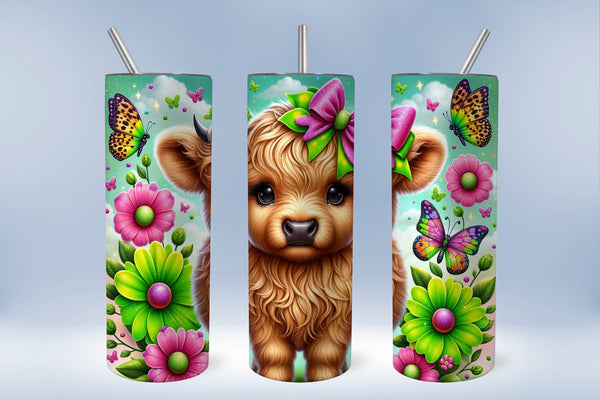 Adorable bright colored Highland Cow ready to press 20 oz straight tumbler transfer