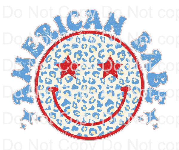 American babe retro smiley red white and blue  sublimation transfer 4th July