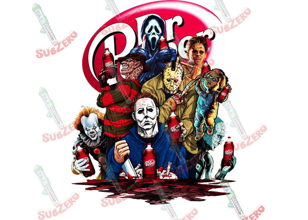 Sublimation Transfer Sublimation Prints Horror movie Characters enjoying their favorite soda and doughnuts Ready to press sublimation transfer Dr pepper Dunkin Subzero Sublimations