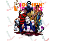 Sublimation Transfer Sublimation Prints Horror movie Characters enjoying their favorite soda and doughnuts Ready to press sublimation transfer Dr pepper Dunkin Subzero Sublimations